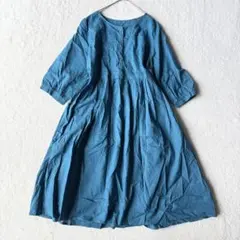 リネンコットン ロング シャツ ワンピース 刺繍 LL 未使用級 ブルー系