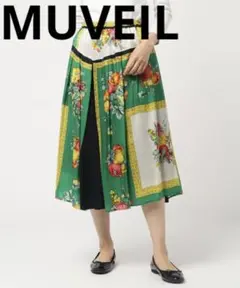 MUVEIL スカーフパネルスカート フルーツ 花柄 グリーン 緑 系