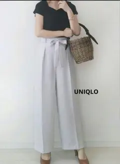 ユニクロ　ハイウエスト　リボンワイドパンツ　グレー　無地　М