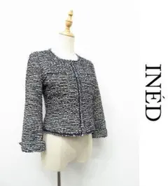 K219/美品 INED ノーカラージャケット ツイード 7 濃紺 白 ラメ