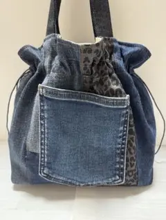 ハンドメイド　デニムリメイク　巾着トートバッグ
