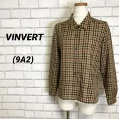 バンベール　ウール35% チェックシャツ　春服　薄手　長袖　茶色　ベージュ　茶色