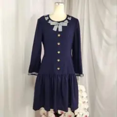 【美品】9号　KIMIJIMA　ウール　濃紺　リボン　ワンピース