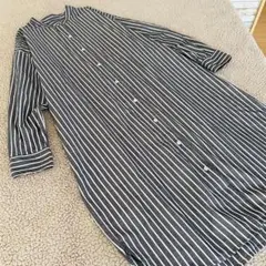 ストライプ♠︎GU♠︎長袖シャツワンピース【L】黒白　コットン混　ミモレ丈　ゆったり
