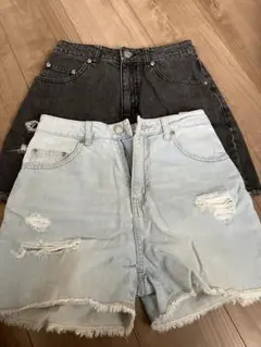 ダメージ加工デニムショートパンツ 黒と水色 2色セット　COLZA