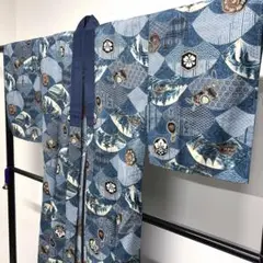 メンズ襦袢　ウール　金彩　長襦袢　扇　瓢箪　印籠　水車　建物　着物　074tz
