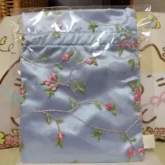 花柄刺繍サテン巾着袋 水色