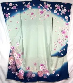 振袖 乱菊 桜 金駒刺繍 桜地模様 水色系 正絹 着物 袷 ほぼ未使用極美品