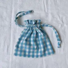 618.ミニ巾着 ギンガムチェック 水色