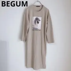 BEGUM カットソーワンピース　長袖ワンピース　プリント　ブラウン　L