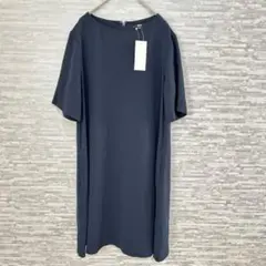 ユニクロ クレープフレアワンピース 半袖 L ネイビー 新品タグ付