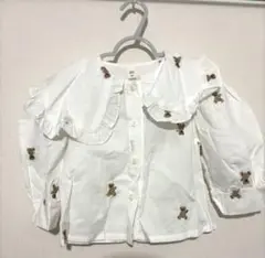 ホワイト フリル付きクマ刺繍シャツ シャツ ブラウス 90 新品未使用