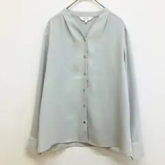 美品 アンカーウーマン ストライプ ノーカラー ブラウス 【S】 長袖 グレー