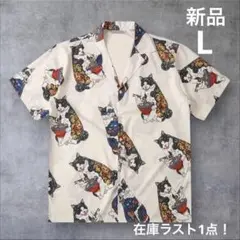 新品タグ付き　和柄シャツ 猫　ねこ　浮世絵 刺青猫 タバコ ラーメン L