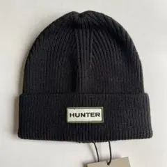 HUNTER ビーニー ニット帽 黒 ロゴ刺繍