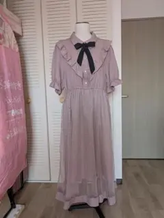 薄ピンク フリル付きシャツワンピース 半袖　2色リボン付き