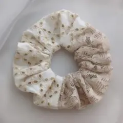 No.7710 ミルクティー×ベージュ 刺繍生地 レース シュシュ