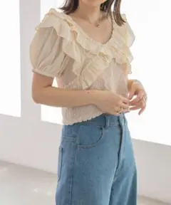 heather ヘザー　フリフリ涼しげ後紐リボン付き　トップス