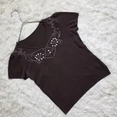 シオセラ　カットソー　半袖　ビーズ　ブラウン
