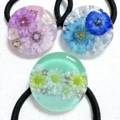 ⑤⑧レジンヘアゴム。3個セット。スターフラワー。マトリカリア。アキレア。かすみ草