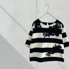 3500【RIBBON DRESS】デザインTシャツ　ボーダー　刺繍　白黒　韓国