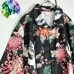 新品　未使用　鶴　菊　和柄　アロハ　シャツ　メンズ　総柄　浮世絵　黒　刺青　虎