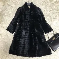 【良品】White Bear 毛皮コート ロング丈 リアルファー 黒 M〜L