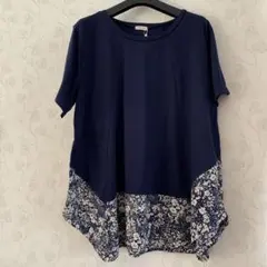 ネイビー 半袖 トップス フラワープリント
