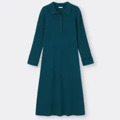 リブニットポロワンピース GU ダークグリーン