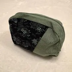 和装 ちりめんポーチ グリーン系 もみじ柄 メイクポーチ 美品