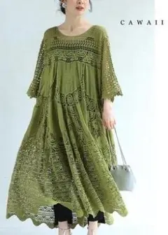 cawaii french pave かぎ編みレースロングワンピース