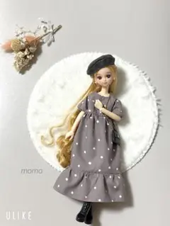 22cmドール服 グレージュ ドットワンピース♡コーデ2点セット