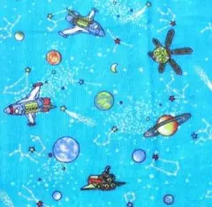 ダブルガーゼ生地　ハギレ　宇宙柄　惑星　星　宇宙船　水色