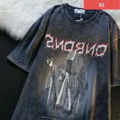 アメリカ風の死神Tシャツ グラフィックプリント ヴィンテージ加工　ブラック