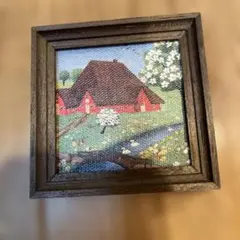 赤い家と花の絵画 木製フレーム付き