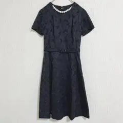 【ブラックワンピース】花柄レース ウエストベルト付き 半袖 フォーマル ドレスＦ