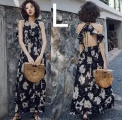 残り1点★新品未使用！バックフリル　花柄リゾートマキシワンピース　Lブラック