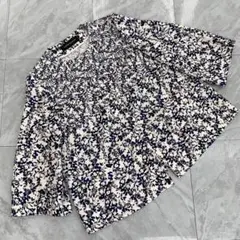 LAPINE BLANCHE 花柄 ブラウス 青 白 七分袖 コットン Lサイズ