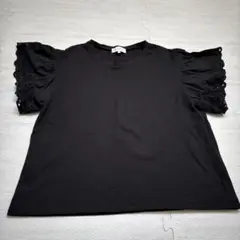 レース付きフリル袖 黒 Tシャツ LL