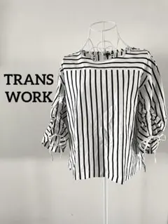 【TRANS WORK】ストライプ　トップス　シャーリングスリーブ　44
