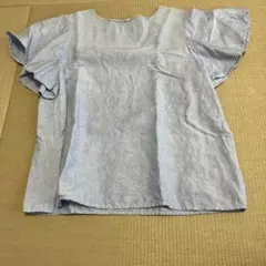 ライトブルー フリル袖 半袖シャツ M 麻　リネン