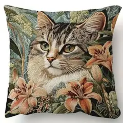 新品 クッションカバー 刺繍風 プリント 猫 ネコ 動物 リアル 猫好き 花