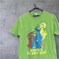 アニメ Tシャツ 古着 黄緑 セサミストリート ビッグバード エルモ