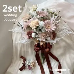 ウェディングブーケとブートニアのセット♡くすみピンクブーケ♡ガーベラブーケ♡挙式