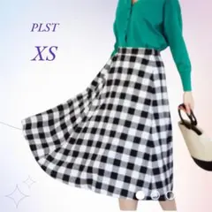 【美品】PLST プラステ／麻混チェック切替 ロングフレアースカート ブラック