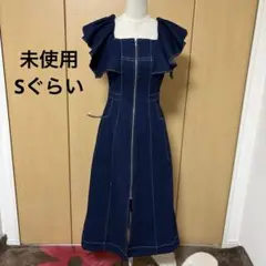 未使用　フリル　ストレッチデニム　可愛い　美シルエット　ロングワンピ