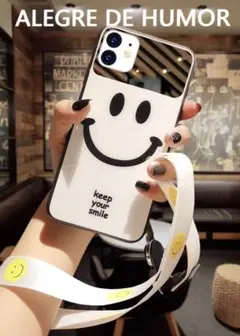 スマイル iPhoneケース ミラー 鏡 ネックストラップ付