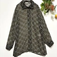 【Schonmore】シャツ　ブラウス　長袖　ドット柄　白×黒×茶　透け感　9R