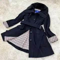 【極美品】バーバリー ブルーレーベル ロングコート 黒 ノバチェック ボア 36