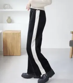 ベロア　サイドラインパンツ　ウエストゴム　黒　白ライン　ECRIRE 新品